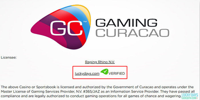 ใบอนุญาต Lucky Days ของ Gaming Curacao